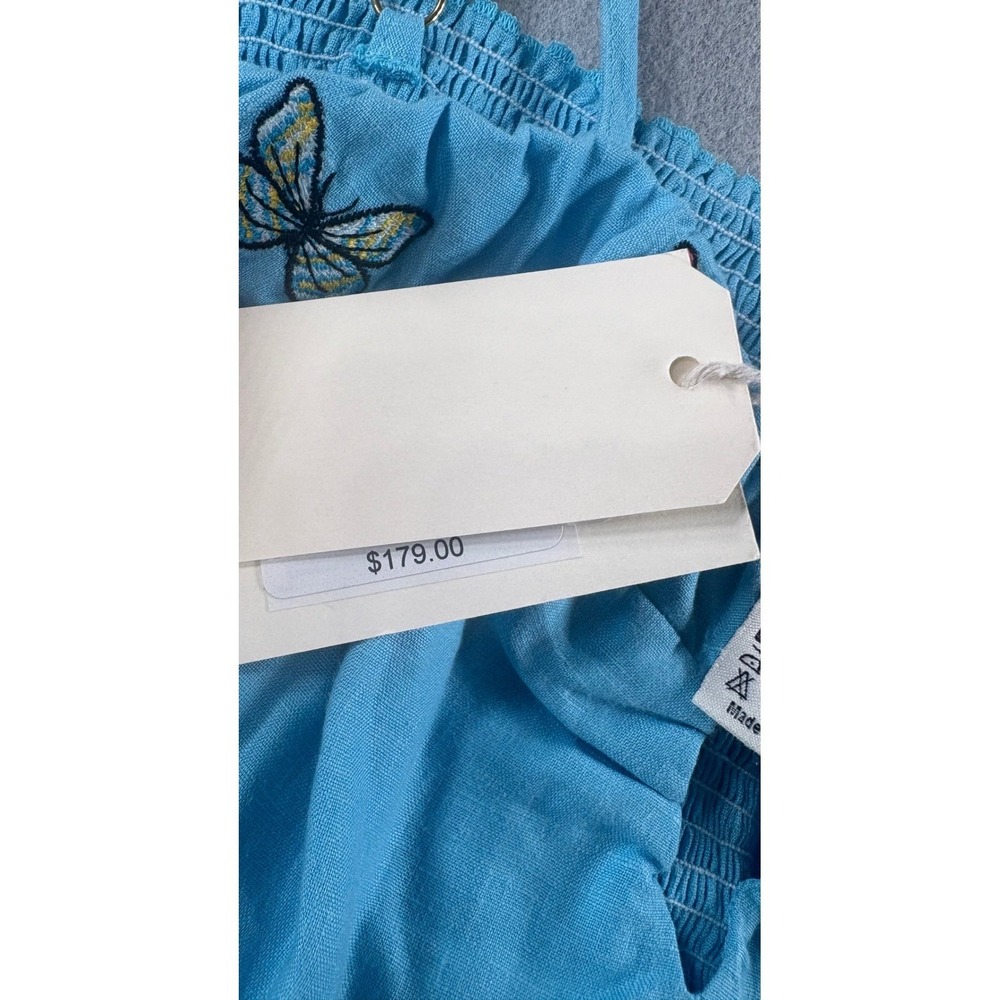 Fanm Mon Blue Linen Butterfly Embroidered Peplum Cami Top NWT Size Medium - Picture 6 of 7